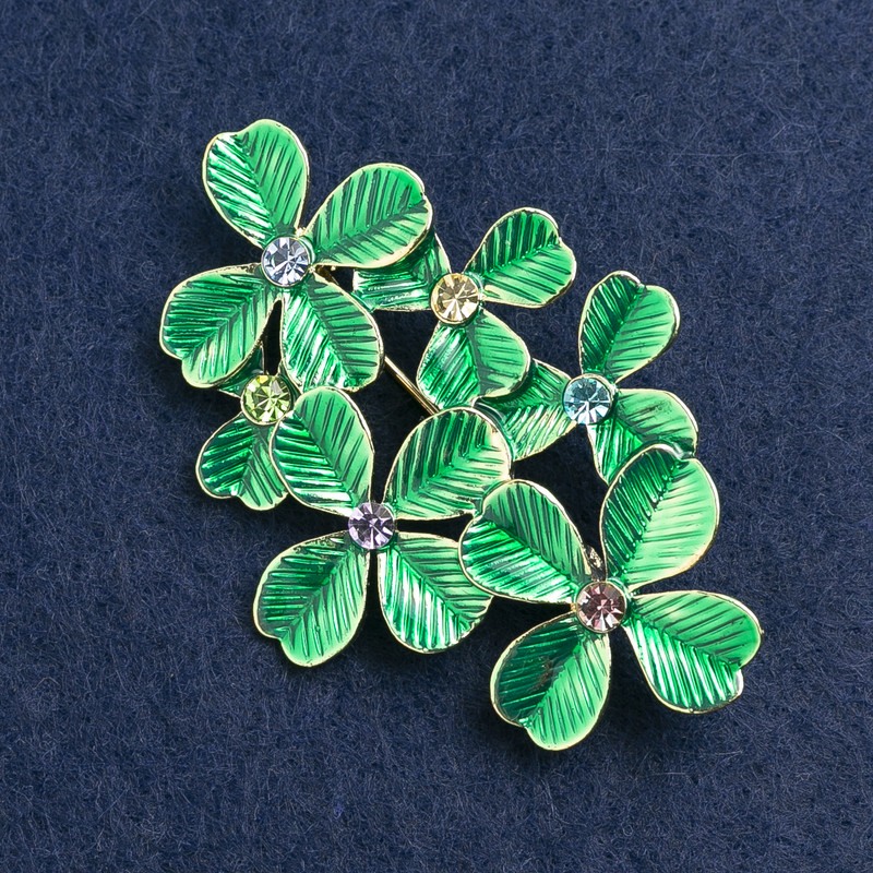 Leaves Brooch, green enamel, with rhinestones, gold metal, 57x40mm