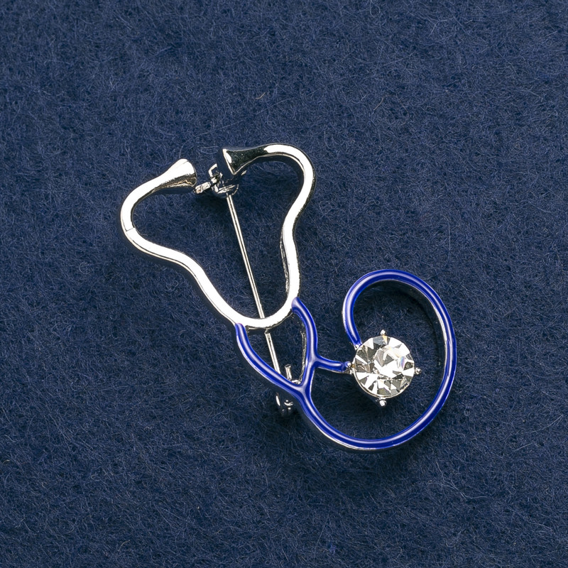Stethoscope Brooch, blue enamel, with white stone, silver-tone metal, 44x25mm