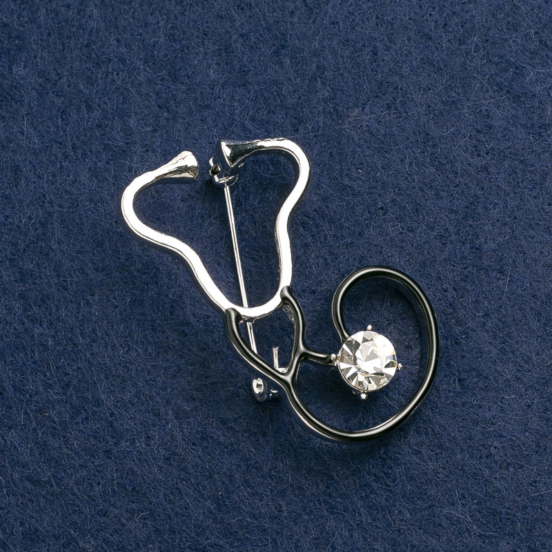 Stethoscope Brooch, black enamel, with white stone, silver-tone metal 44x25mm