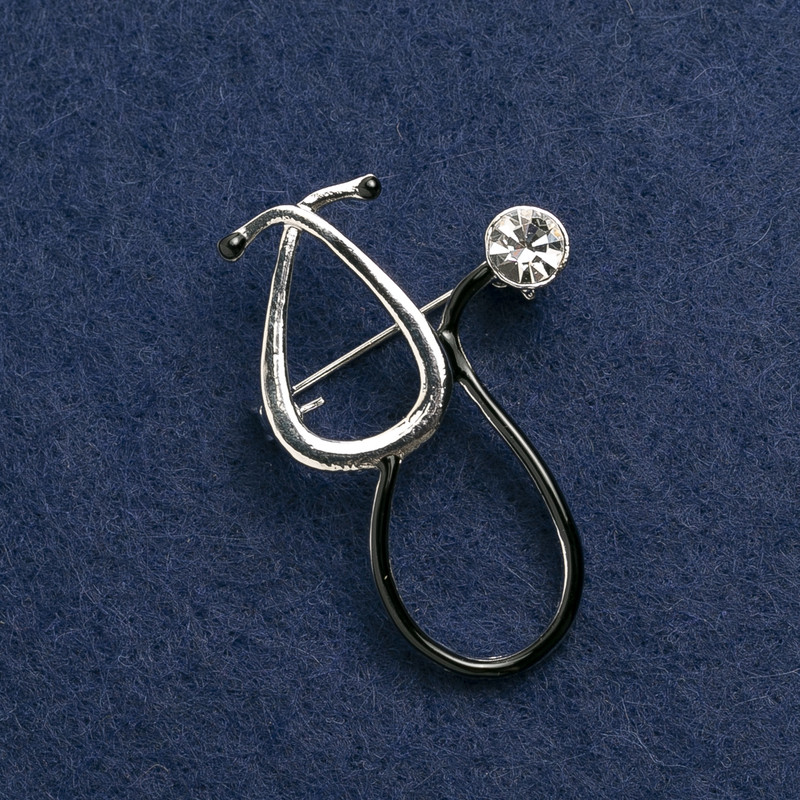 Stethoscope Brooch, black enamel, with white stone, silver-tone metal 44x29mm
