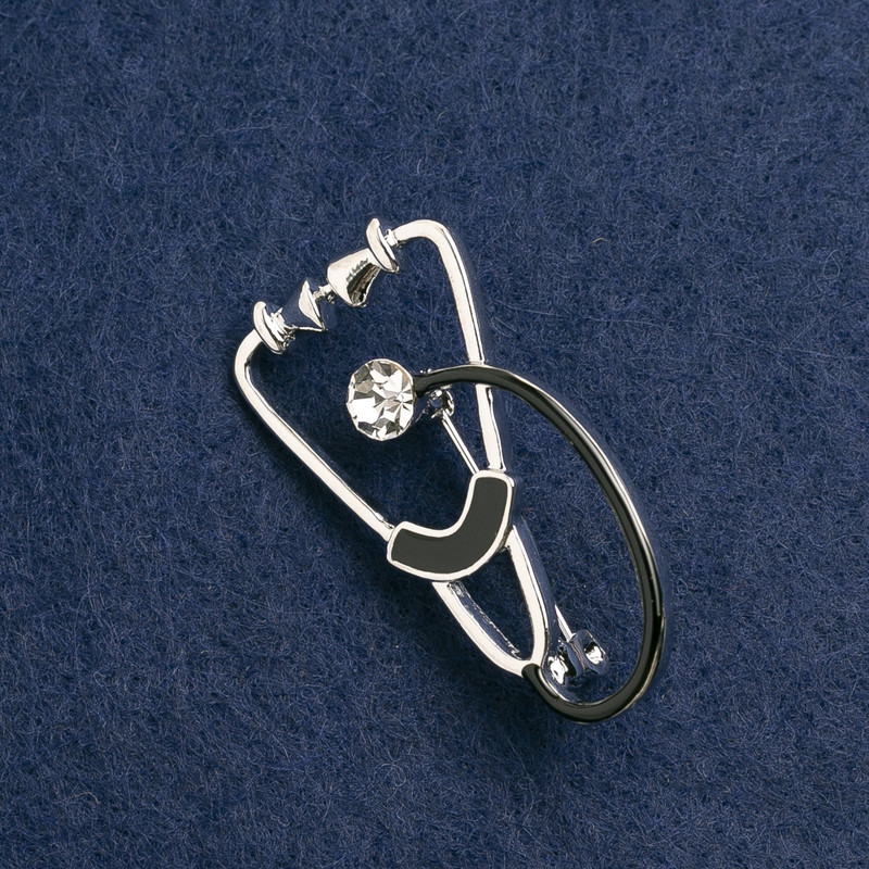 Stethoscope Brooch, black enamel, with white stone, silver-tone metal 43x24mm