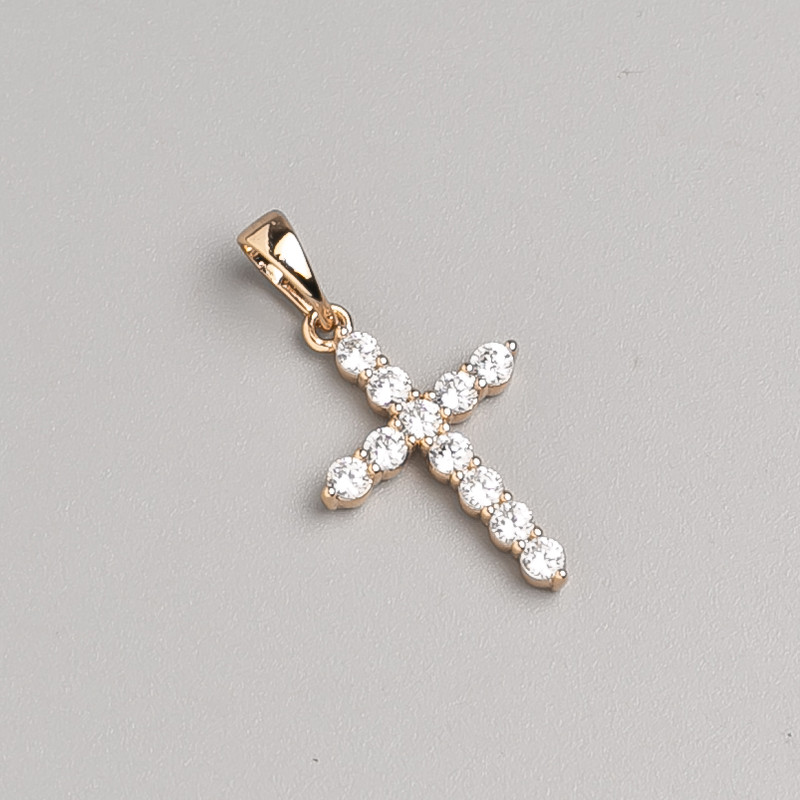 Xuping Cross Pendant, 18K Gold Plated with white rhinestones, diameter 19x14mm+/-, length 26mm