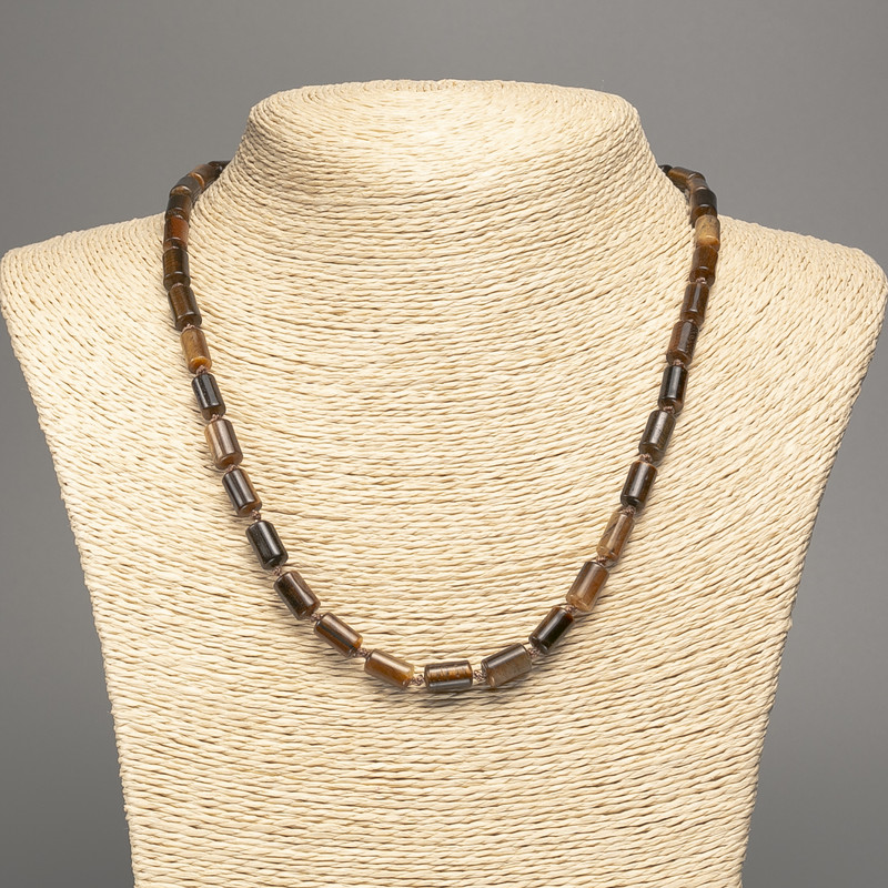 Tiger's Eye Necklace, Natural Stone Smooth Cylinder, Diameter 10x6mm +/-, Length 49cm +