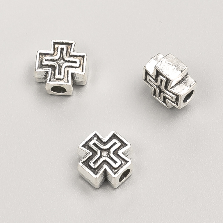 Bead Plug in Cross Shape, 9×9×5mm, packaged 20g, 18 pcs approx., metal colour “silver”
