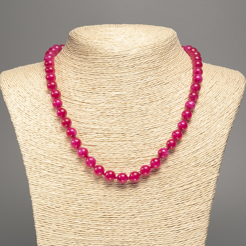 Raspberry "Tourmaline" necklace, smooth ball bead, diameter 8mm+-, length 50cm+- made from white jade stone (synth. dyed)