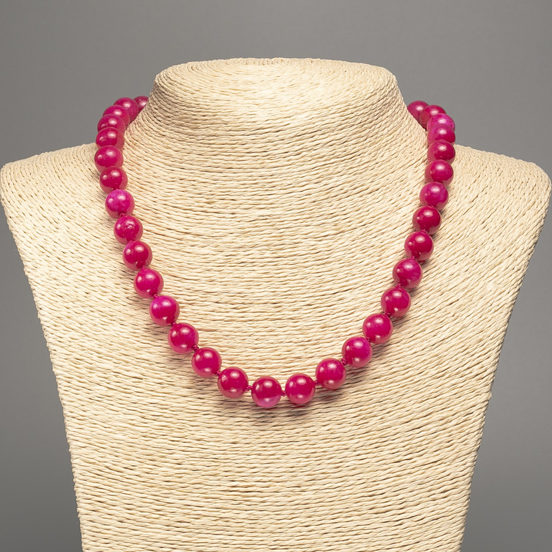 Raspberry "Tourmaline" necklace, smooth ball bead, diameter 10mm+-, length 50cm+- made from white jade stone (synth. dyed)