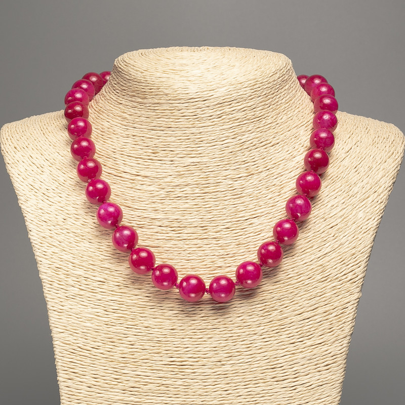 Raspberry "Tourmaline" necklace, smooth ball bead, diameter 12mm+-, length 50cm+- made from white jade stone (synth. dyed)