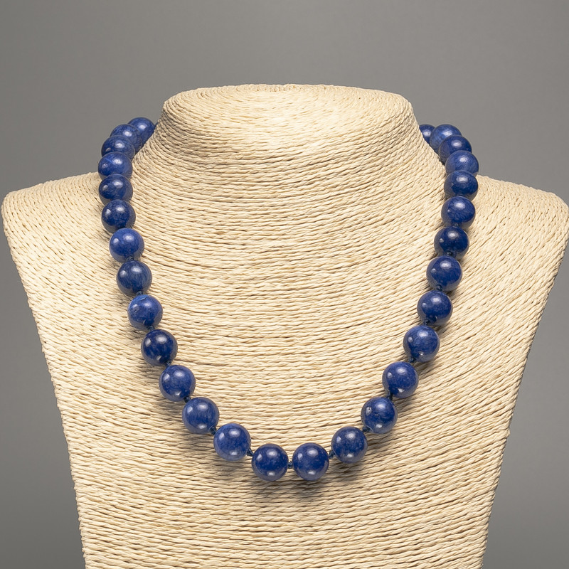 Blue "Lazurite" necklace, smooth ball bead, diameter 12mm+-, length 50cm+- made from white jade stone (synth. dyed)