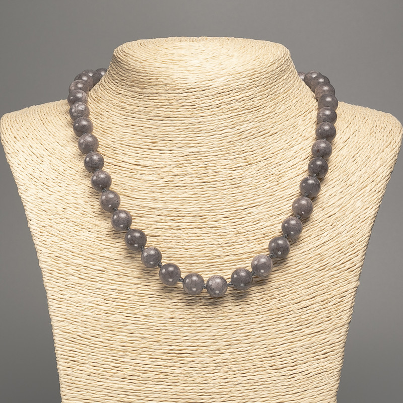 "Larvikite" Necklace, smooth beads, diameter 10mm+/-, length 50cm+/-, made from white nephrite jade (synthetic dyed)