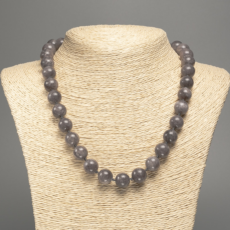 "Larvikite" Necklace, smooth beads, diameter 12mm+/-, length 50cm+/-, made from white nephrite jade (synthetic dyed)