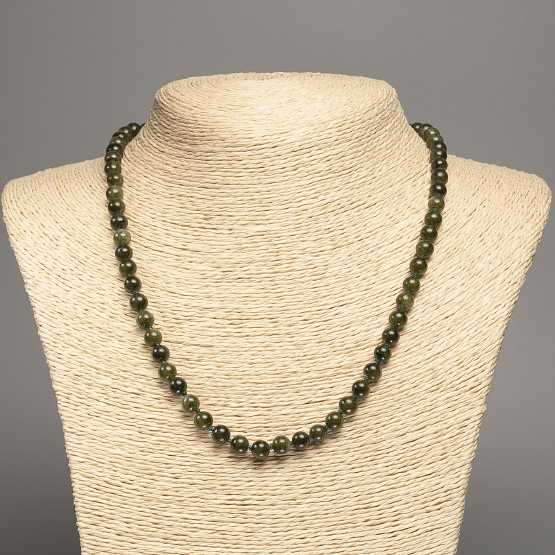 Green "Serpentine" Necklace, smooth beads, diameter 6mm+/-, length 50cm+/-, made from white nephrite jade (synth. dyed)
