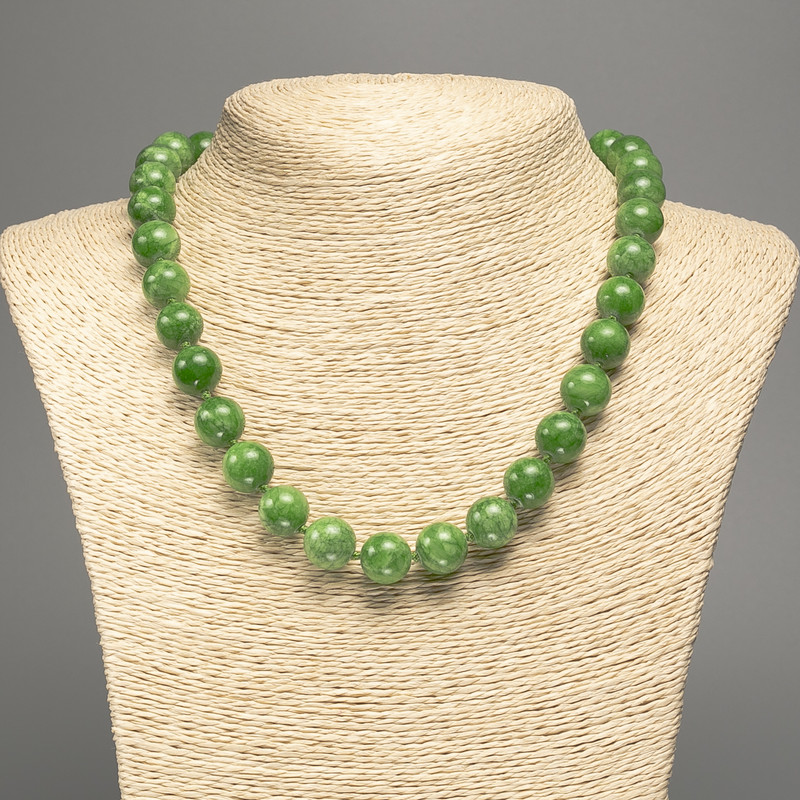 Green Necklace "Jadeite", Smooth Bead, 12mm± Diameter, 50cm± Length, Made from White Simulated Jade (Dyed)