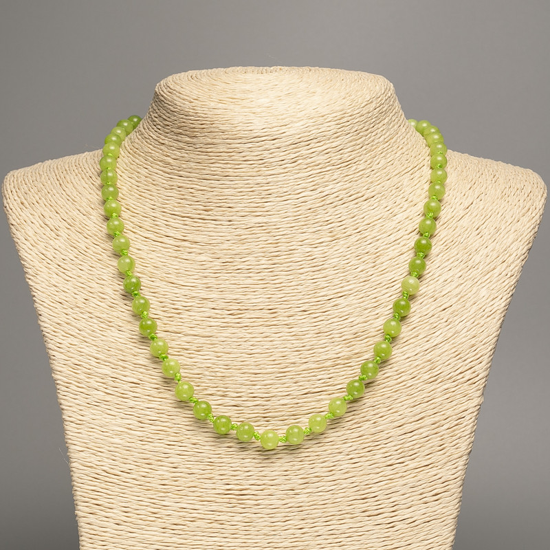 Green Necklace "Onyx", Smooth Bead, 6mm± Diameter, 50cm± Length, Made from White Simulated Jade (Dyed)