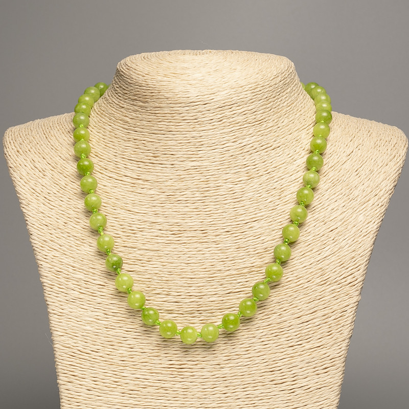 Green Necklace "Onyx", Smooth Bead, 8mm± Diameter, 50cm± Length, Made from White Simulated Jade (Dyed)