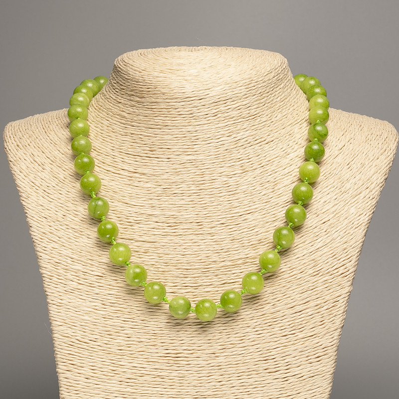 Green Necklace "Onyx", Smooth Bead, 10mm± Diameter, 50cm± Length, Made from White Simulated Jade (Dyed)