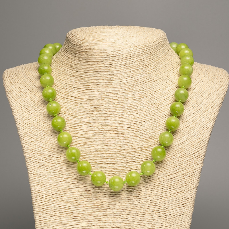 Green Necklace "Onyx", Smooth Bead, 12mm± Diameter, 50cm± Length, Made from White Simulated Jade (Dyed)