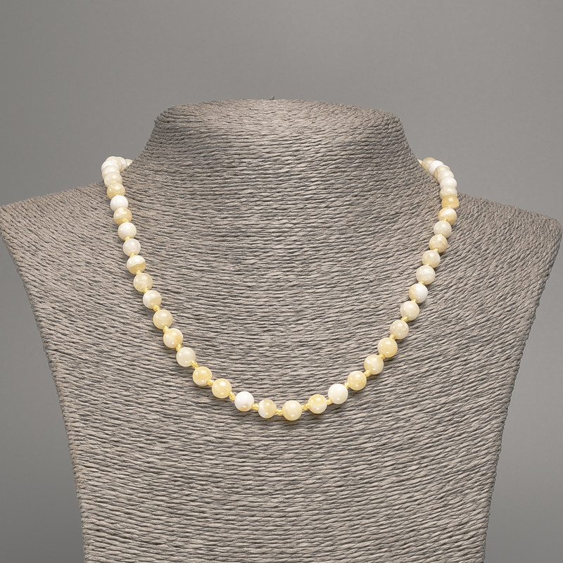 Yellow-White Necklace "Selenite", Smooth Bead, 6mm± Diameter, 50cm± Length, Made from White Simulated Jade (Dyed)
