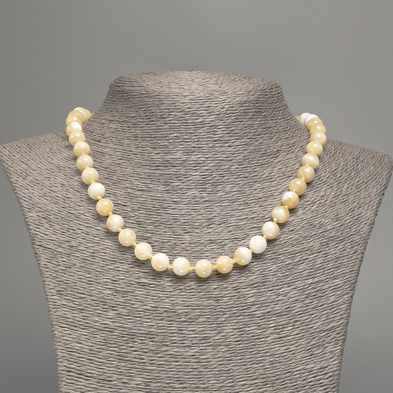 Yellow-White Necklace "Selenite", Smooth Bead, 8mm± Diameter, 50cm± Length, Made from White Simulated Jade (Dyed)
