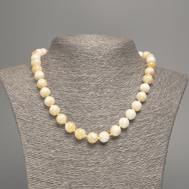 Yellow-White Necklace "Selenite", Smooth Bead, 10mm± Diameter, 50cm± Length, Made from White Simulated Jade (Dyed)