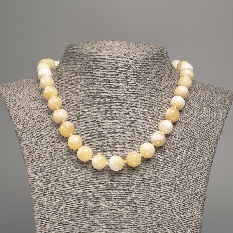 Yellow-White Necklace "Selenite", Smooth Bead, 12mm± Diameter, 50cm± Length, Made from White Simulated Jade (Dyed)
