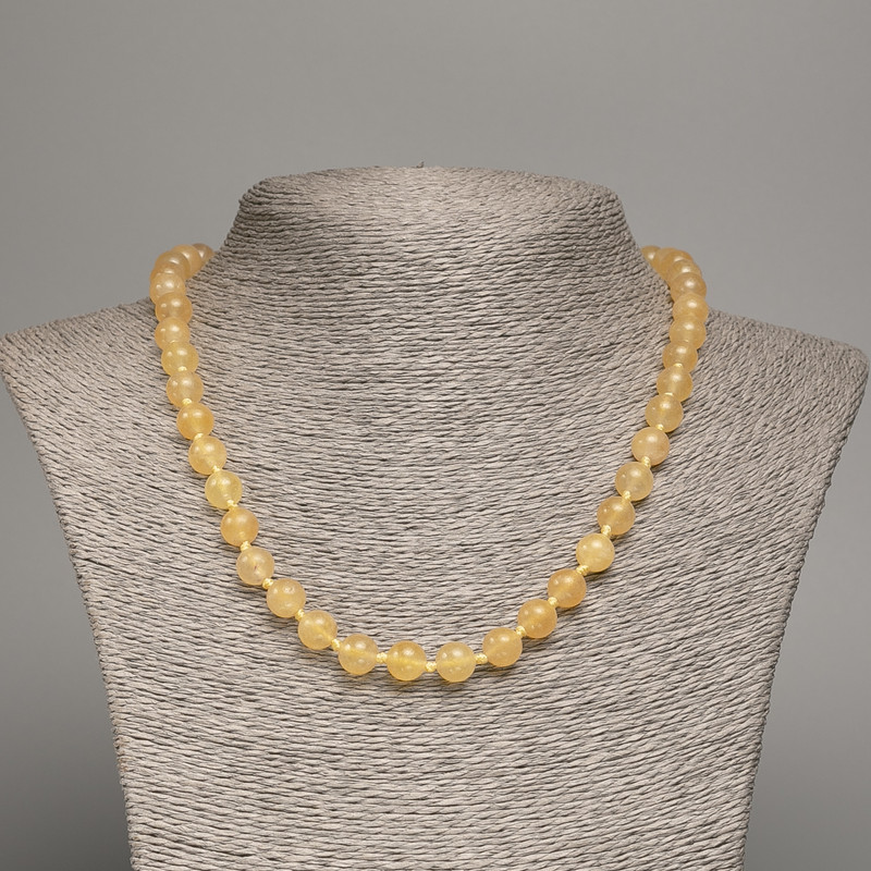 Pale Yellow Necklace "Selenite", Smooth Bead, 6mm± Diameter, 50cm± Length, Made from White Simulated Jade (Dyed)