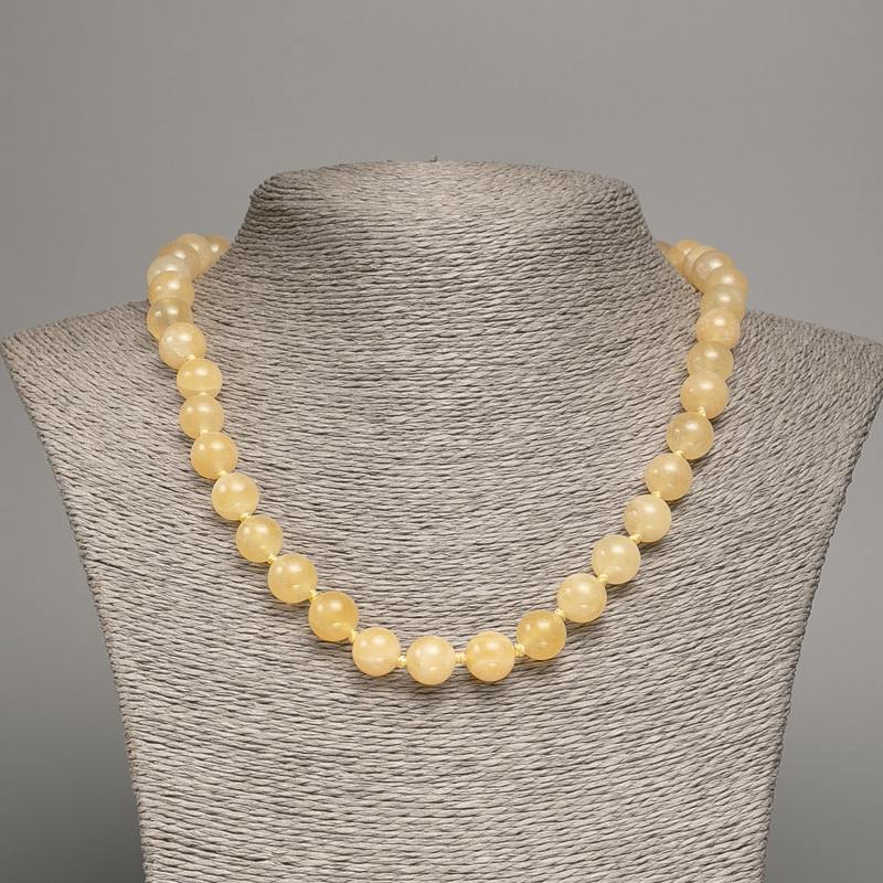 Pale Yellow Necklace "Selenite", Smooth Bead, 8mm± Diameter, 50cm± Length, Made from White Simulated Jade (Dyed)