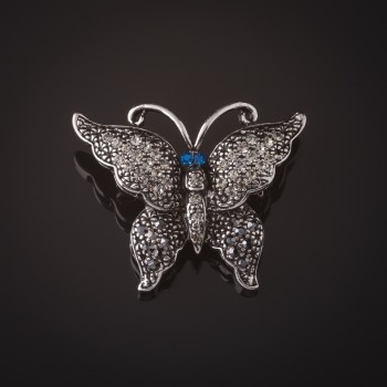 Brooch Butterfly Silvery Grey Stones Blue Eyes 3 cm