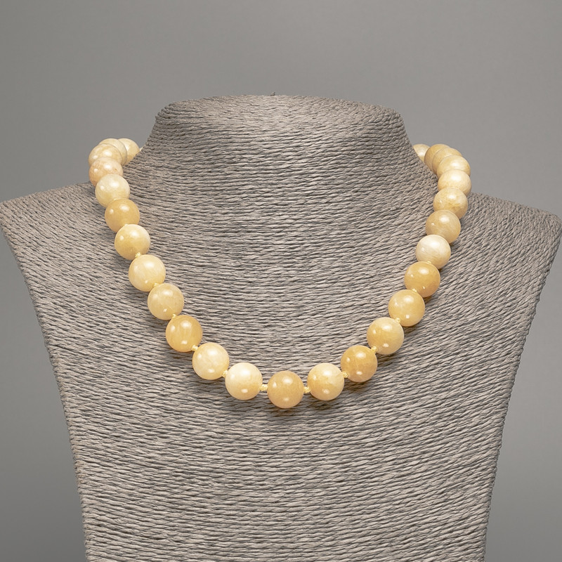 Pale Yellow Necklace "Selenite", Smooth Bead, 12mm± Diameter, 50cm± Length, Made from White Simulated Jade (Dyed)