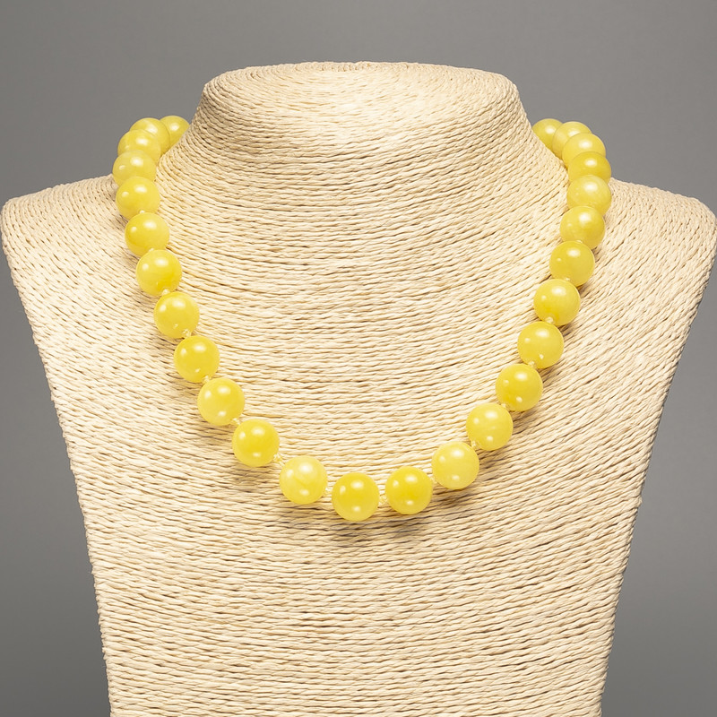 Necklace lemon yellow "Citrine" smooth round beads, diameter 12mm+/-, length 50cm+/- made from white jade stone (synthetic, dyed)