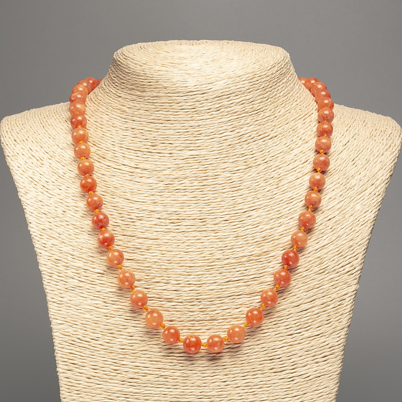 Necklace "Orange Coral" smooth round beads, diameter 8mm+/-, length 50cm+/- made from white jade stone (synthetic, dyed)