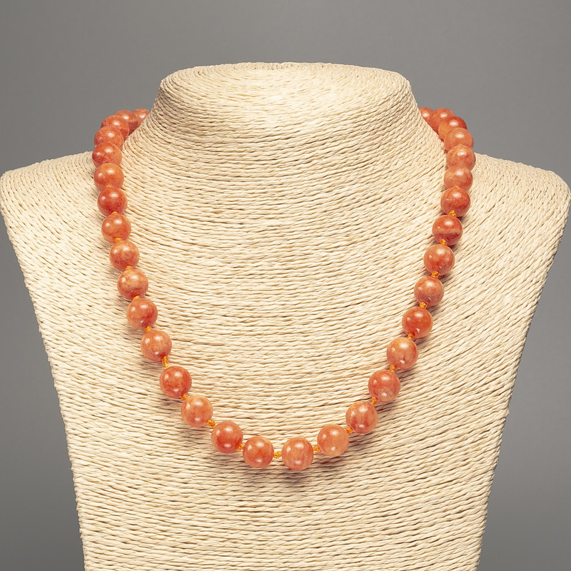 Necklace "Orange Coral" smooth round beads, diameter 10mm+/-, length 50cm+/- made from white jade stone (synthetic, dyed)