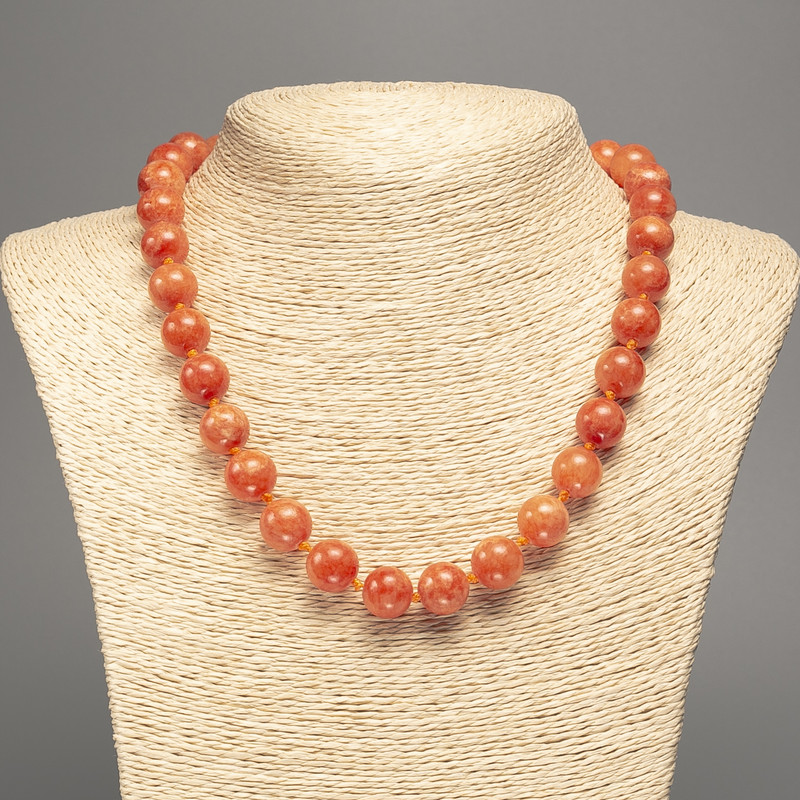 Necklace "Orange Coral" smooth bead, diameter 12mm+-, length 50cm+- made of white jade stone (synth. dyed)