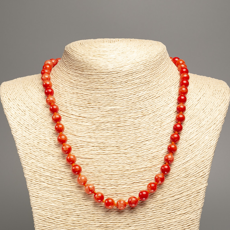Necklace "Red Coral" smooth bead, diameter 8mm+-, length 50cm+- made of white jade stone (synth. dyed)