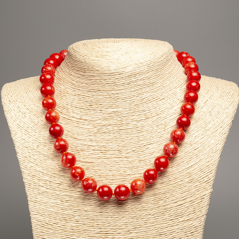 Necklace "Red Coral" smooth bead, diameter 12mm+-, length 50cm+- made of white jade stone (synth. dyed)