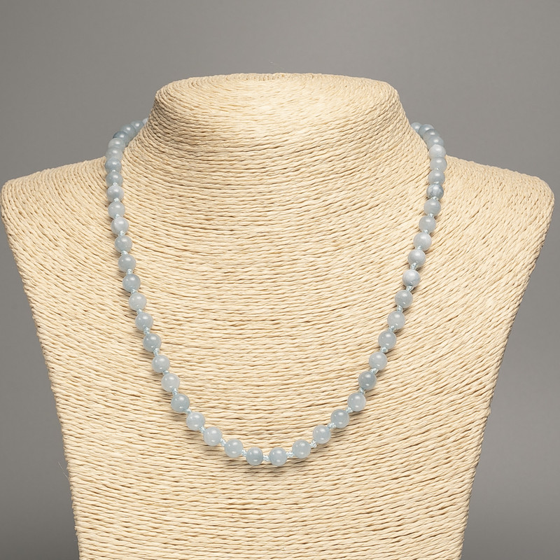 Necklace grey-blue "Aquamarine" smooth bead, diameter 6mm+-, length 50cm+- made from white jade stone (synth. dyed)