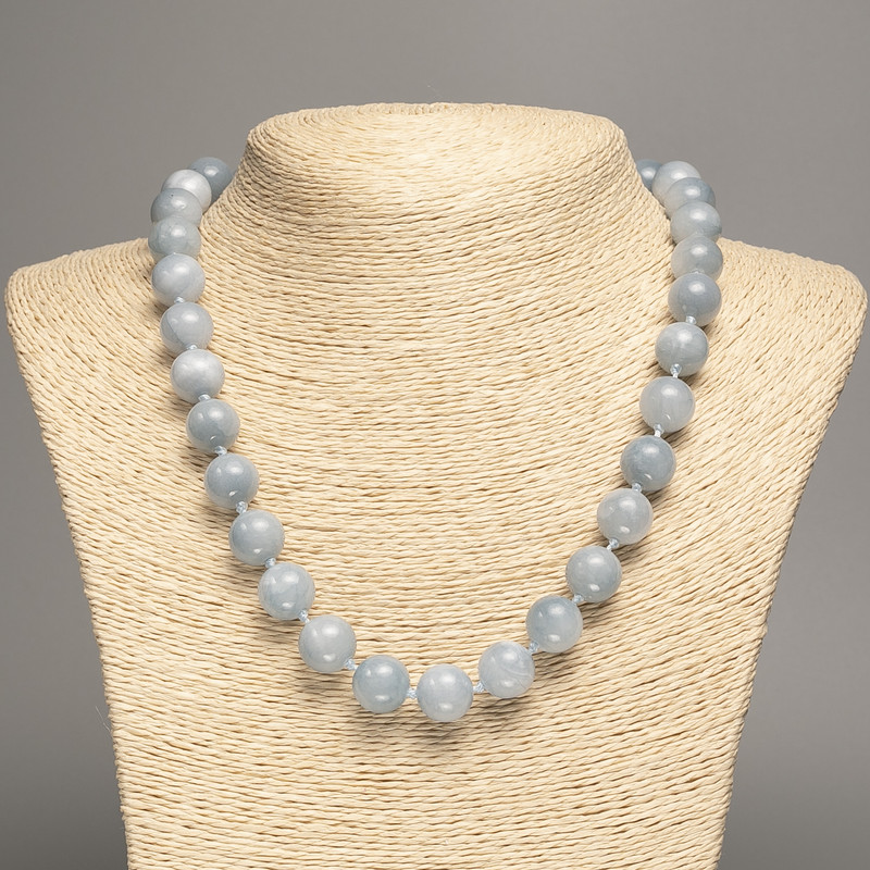 Necklace grey-blue "Aquamarine" smooth bead, diameter 12mm+-, length 50cm+- made from white jade stone (synth. dyed)