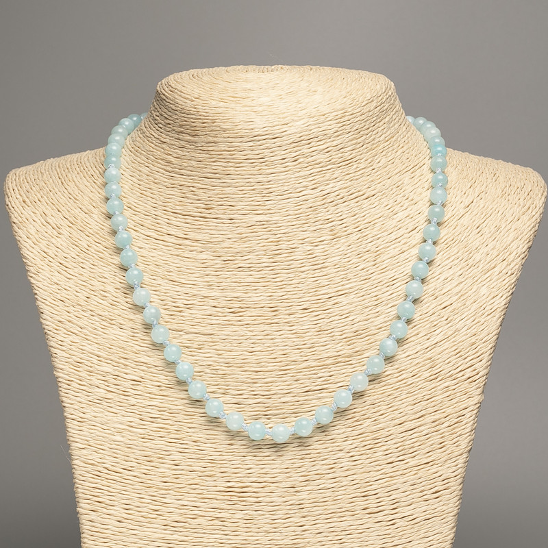 Necklace pale blue "Aquamarine" smooth bead, diameter 6mm+-, length 50cm+- made from white jade stone (synth. dyed)
