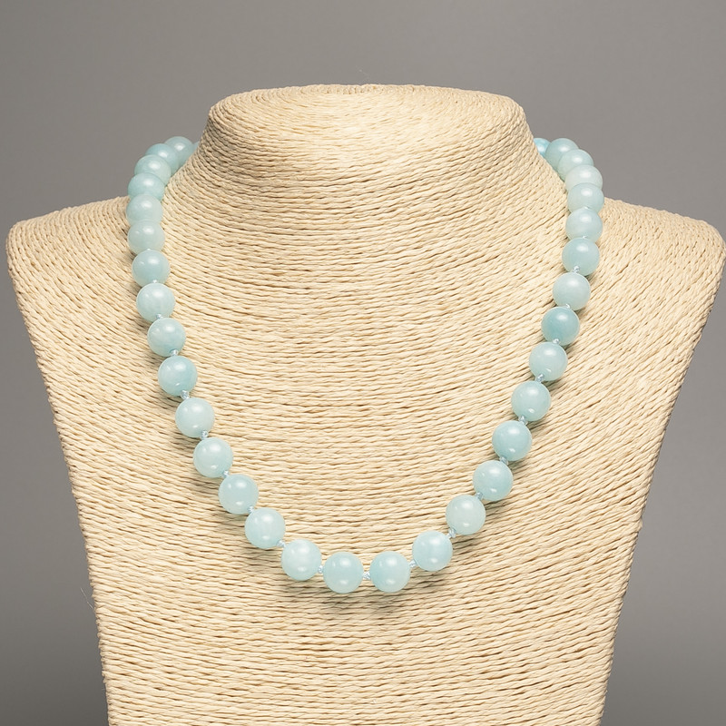 Necklace pale blue "Aquamarine" smooth bead, diameter 10mm+-, length 50cm+- made from white jade stone (synth. dyed)
