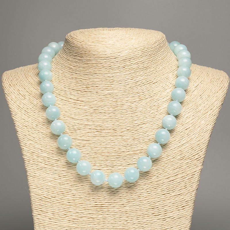 Necklace pale blue "Aquamarine" smooth bead, diameter 12mm+-, length 50cm+- made from white jade stone (synth. dyed)