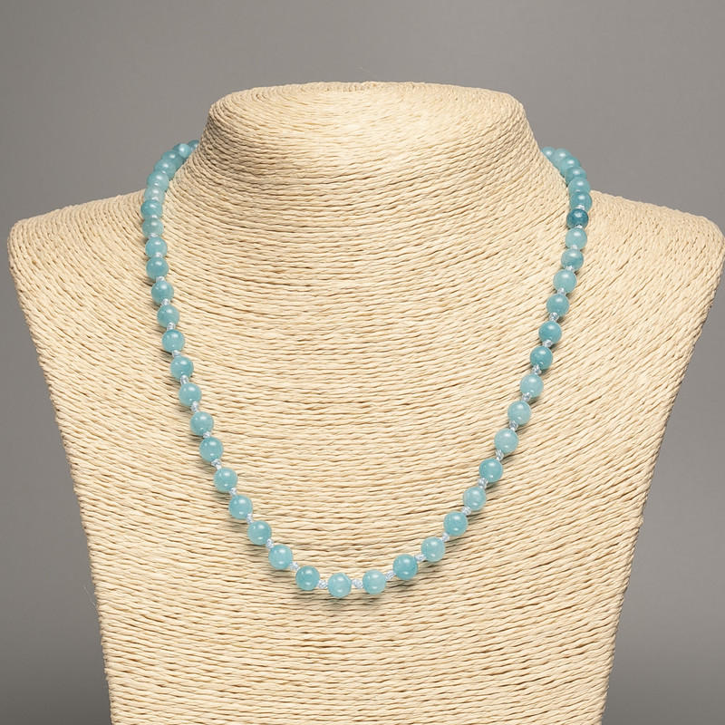 Necklace sky-blue "Aquamarine" smooth bead, diameter 6mm+-, length 50cm+- made from white jade stone (synth. dyed)