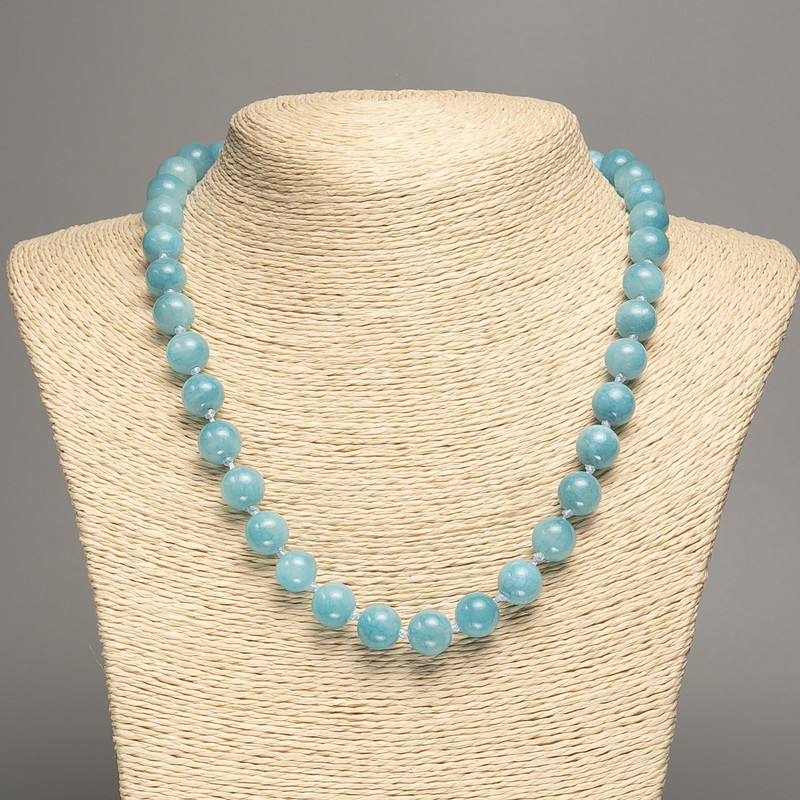 Necklace sky-blue "Aquamarine" smooth bead, diameter 10mm+-, length 50cm+- made from white jade stone (synth. dyed)