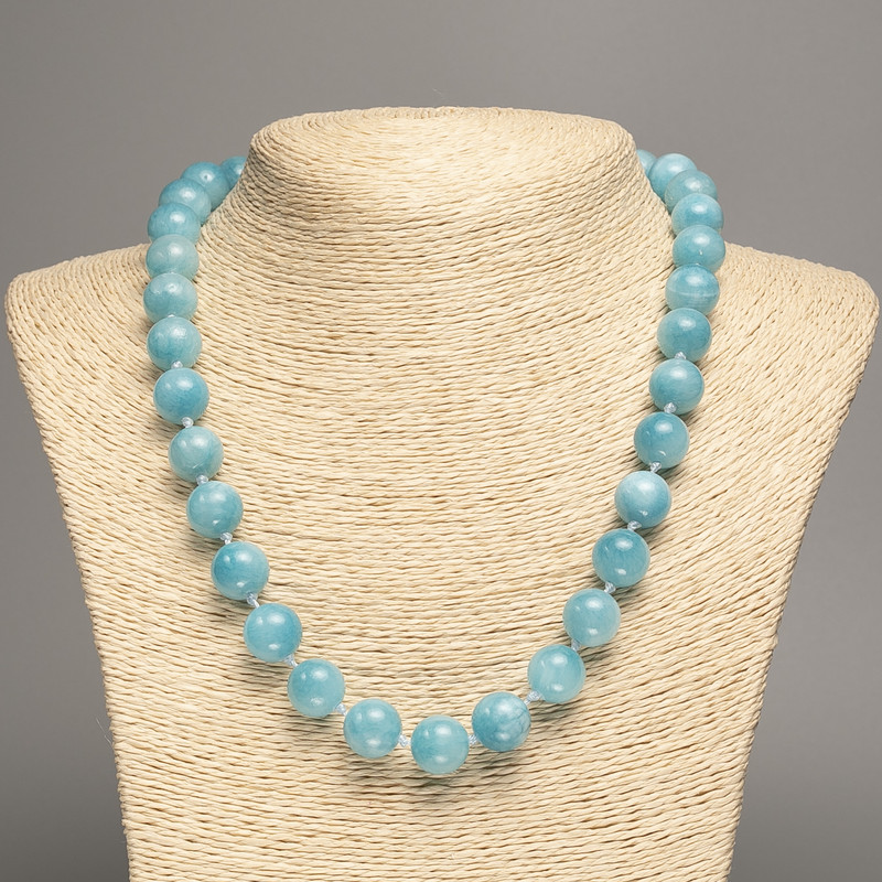 Necklace sky-blue "Aquamarine" smooth bead, diameter 12mm+-, length 50cm+- made from white jade stone (synth. dyed)
