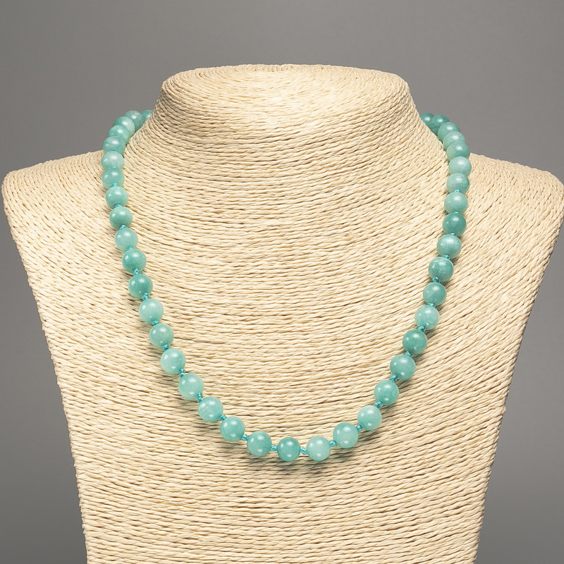 Necklace light green "Aquamarine" smooth bead, diameter 8mm+-, length 50cm+- made from white jade stone (synth. dyed)