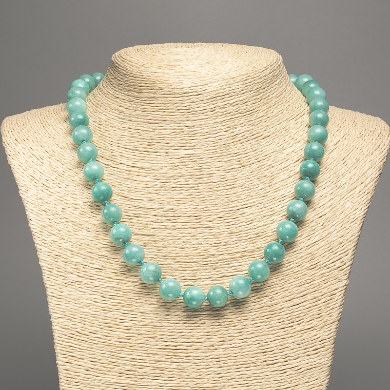 Necklace light green "Aquamarine" smooth bead, diameter 10mm+-, length 50cm+- made from white jade stone (synth. dyed)