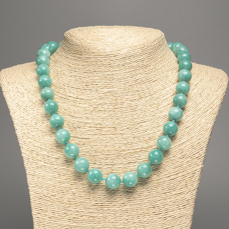 Necklace light green "Aquamarine" smooth bead, diameter 12mm+-, length 50cm+- made from white jade stone (synth. dyed)