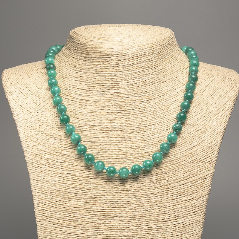 Green "Aquamarine" Necklace, Smooth Round Beads, Diameter 8mm+/-, Length 50cm+/-, White Jade Stone (Synthetic Dyed)