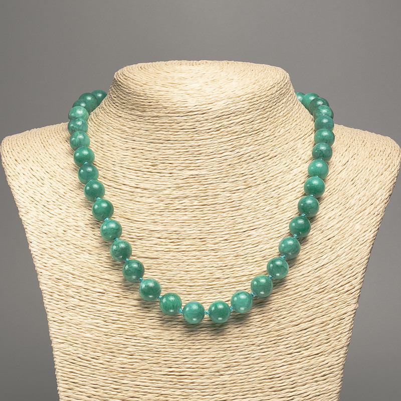 Green "Aquamarine" Necklace, Smooth Round Beads, Diameter 10mm+/-, Length 50cm+/-, White Jade Stone (Synthetic Dyed)