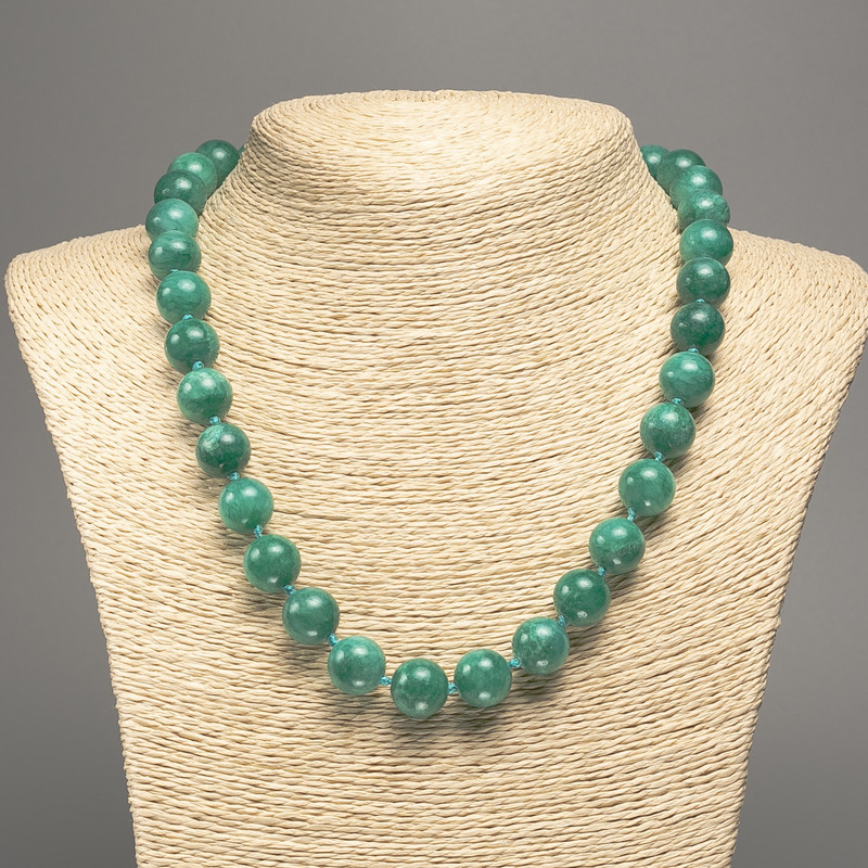 Green "Aquamarine" Necklace, Smooth Round Beads, Diameter 12mm+/-, Length 50cm+/-, White Jade Stone (Synthetic Dyed)