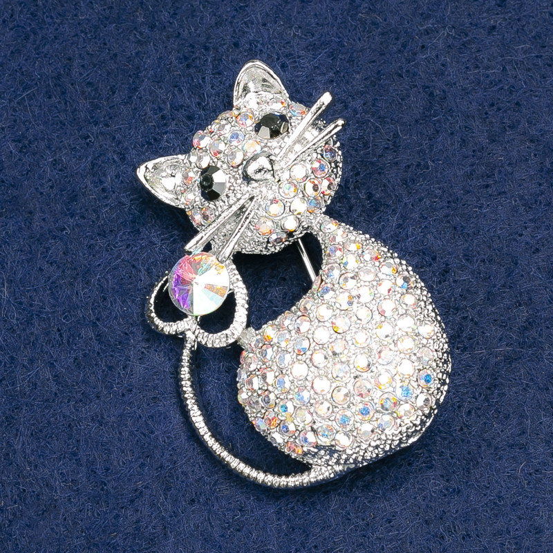 Cat Brooch with Chameleon Rhinestones, Silver-Tone Metal, 42×32mm