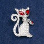 Cat Brooch with White and Red Rhinestones, Silver-Tone Metal, 37×26mm